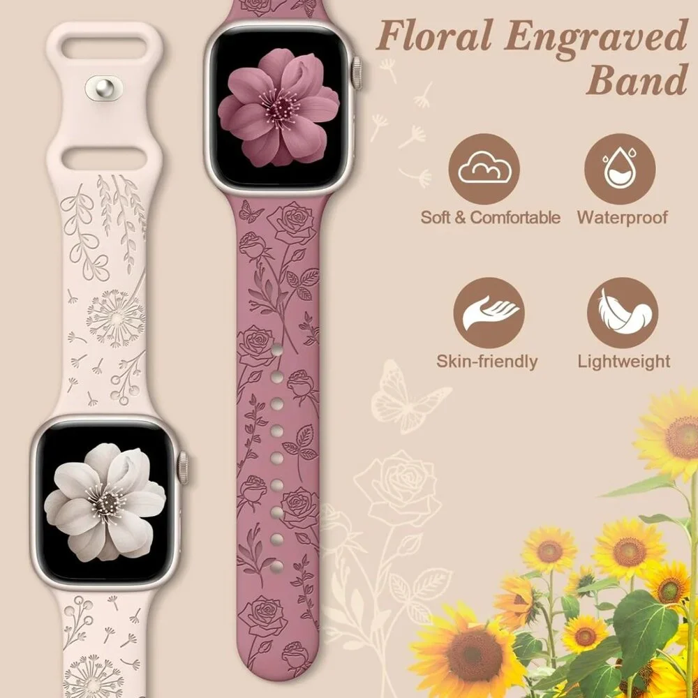 EOMTAM 6 Pack Floral Engraved Silicone Bands Compatible for Apple Watch